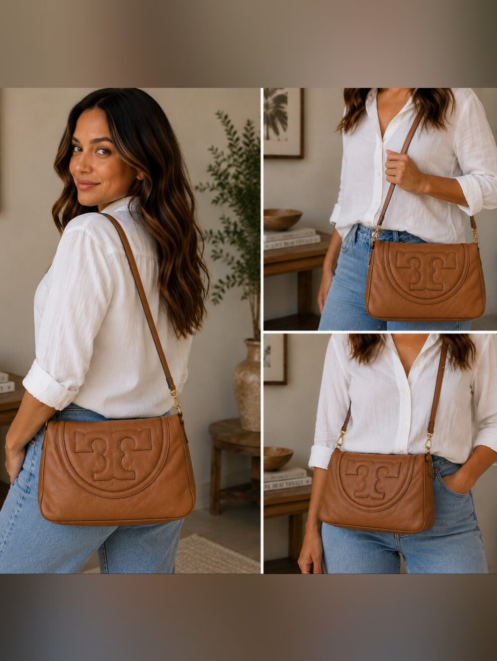 🤎Tory Burch Amanda Tan Brown Leather Logo Shoulder Hobo Bag Large